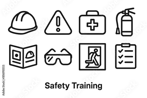 Safety Equipment Icons. Safety Training linear icon set: hard hat, caution sign, first aid kit, fire extinguisher, manual booklet, safety goggles, emergency exit symbol, checklist