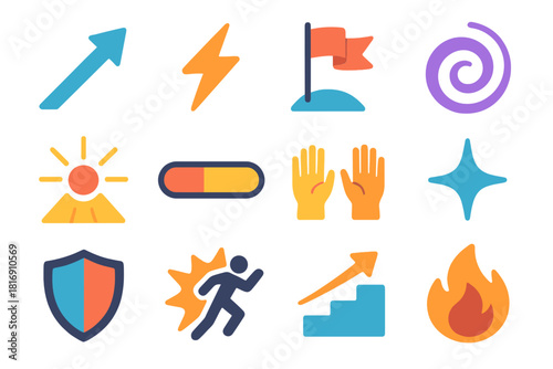 Motivational Icon Set. Motivational Drive Set flat icon set: rising arrow, energy spark, goal flag, momentum swirl, focus beam, progress bar, uplifted hands, clarity star