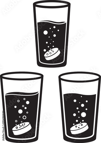 Three glasses of effervescent tablets dissolving silhouette
