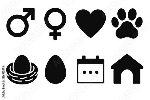 Animal Breeding Icons. Animal Breeding Set silhouette icon set. male symbol, female symbol, heart, paw print, nest, egg, calendar, shelter.