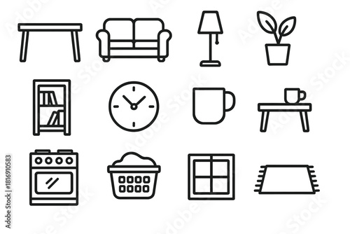 Minimalist Home Icons. Domestic Living linear icon set: dining table, sofa, floor lamp, houseplant, bookshelf, wall clock, coffee mug, side table, kitchen stove, laundry basket