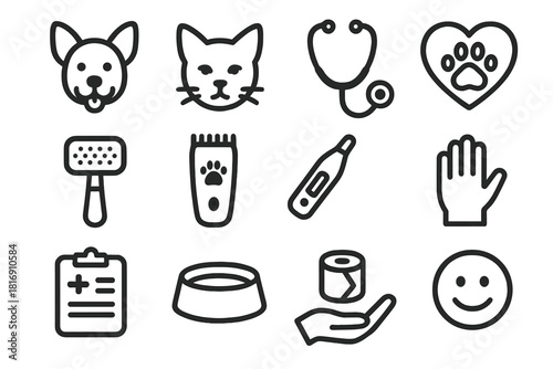 Pet Care Icons. Companion Animal Care linear icon set: dog and cat, stethoscope, heart with paw, grooming brush, clipper, thermometer, vet glove, medical chart, water bowl, bandage