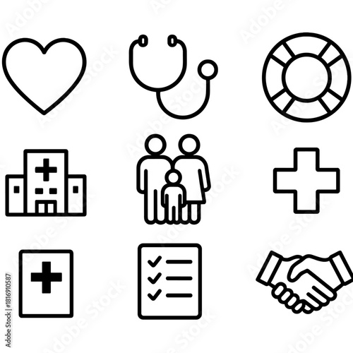 Health Coverage Icons. Health & Life Coverage linear icon set: heart, stethoscope, family icon, life ring, hospital building, cross symbol, checklist, handshake