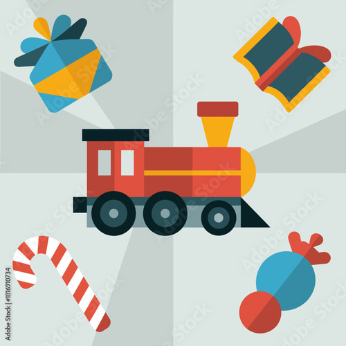 Flat Design Christmas Toys and Gifts Vector Illustration Set. Locomotive Train, Candy Cane, Book, and Present Icons for Holiday Shopping or Childhood Concept.