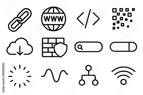 Digital Web Icons. Digital Web Pack linear icon set: hyperlink symbol, www globe, code bracket, pixel grid, cloud storage, firewall shield, search bar, address bar, spinning loader