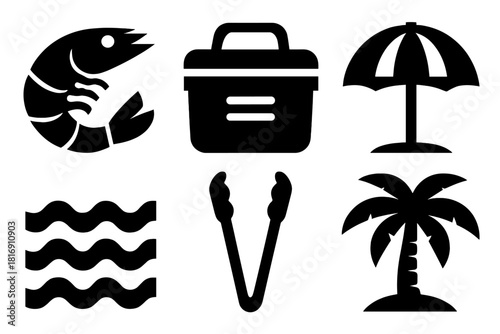 Beach Cookout Icons. Beach Cookout silhouette icon set. seafood, cooler, umbrella, waves, tongs, palm tree
