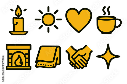 Brutalist Warmth Icons. Warmth Set silhouette icon set: glowing candle, sunshine, heart symbol, cup of tea, fireplace, blanket, hands holding, star sparkle
