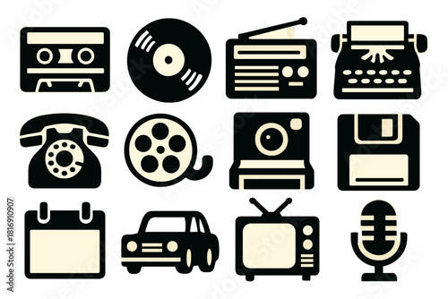Retro Tech Icons. Retro Past silhouette icon set. cassette tape, vinyl record, radio, typewriter, rotary phone, film reel, polaroid, floppy disk, calendar, car, TV set, microphone