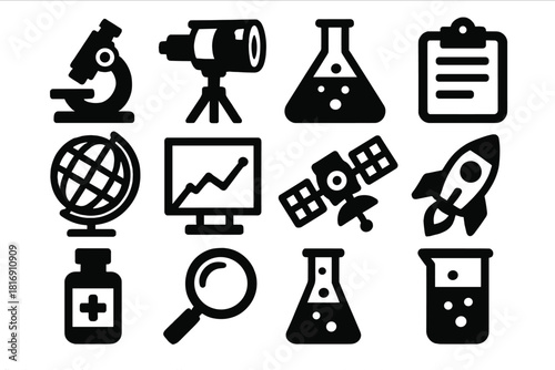 Science Icon Set. Scientific Exploration silhouette icon set. microscope, telescope, lab flask, clipboard, globe, chart, satellite, rocket, chemical bottle, magnifying glass, test