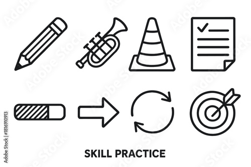 Training Icons Collection. Skill Practice linear icon set: pencil strokes, instrument icon, training cone, practice sheet, progress bar, technique arrow, repetition cycle, focused