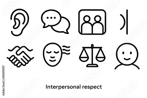 Respectful Communication Icons. Interpersonal Respect linear icon set: listening ear, conversation bubbles, shared space icon, boundary line, trust marker, calm tone symbol, fair