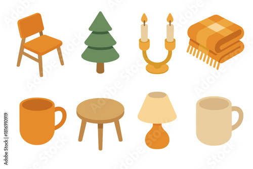 Scandinavian Isometric Icons. Scandinavian Aesthetic flat icons set. minimalist chair, pine tree, candle holder, wool blanket, ceramic mug, wooden table, neutral palette, cozy lamp