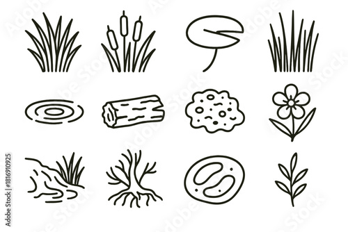 Wetland Icon Set. Wetland Botanical Collection linear icon set: reed cluster, cattail, lily pad, marsh grass, shallow water ripple, mossy log, algae patch, wetland bloom, pond bank