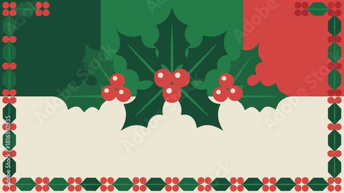 Elegant Christmas Banner Template, Flat Vector Design with Holly Berries, Traditional Red and Green Border Background for Holiday Cards and Greetings