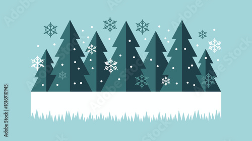 Flat design vector winter landscape illustration with pine trees, falling snow, and snowdrifts, featuring blank banner space with icicles below for Christmas, holiday, or seasonal text.