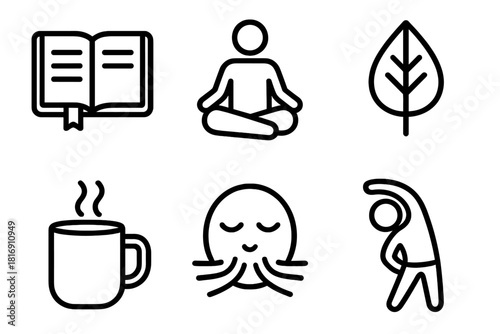 Emotional Resilience Icons. Emotional Resilience Practices linear icon set: journal page, meditation pose, grounding leaf, comfort mug, breathing icon, gentle stretch