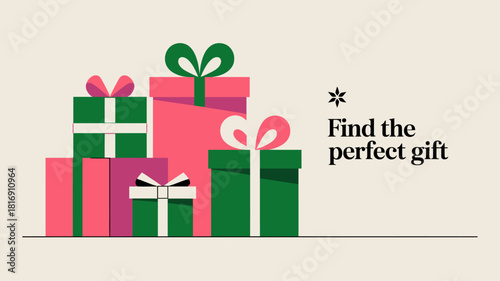 Find the Perfect Gift - Minimalist Christmas Holiday Gift Boxes Stack Vector Illustration. Festive Season Shopping Promotion Banner Design.