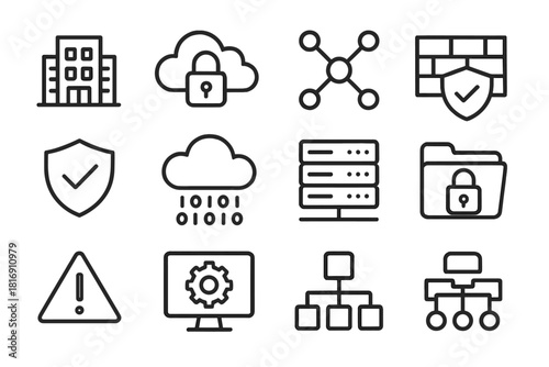 Secure Cloud Network Icons. Internal Cloud linear icon set. building icon, cloud with lock, secure network, firewall grid, shield emblem, data stream, server rack, private