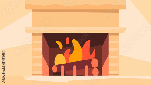 Warm fireplace vector illustration. Cozy hearth and burning wood logs with bright flames in a flat design style, representing comfort and winter holidays.