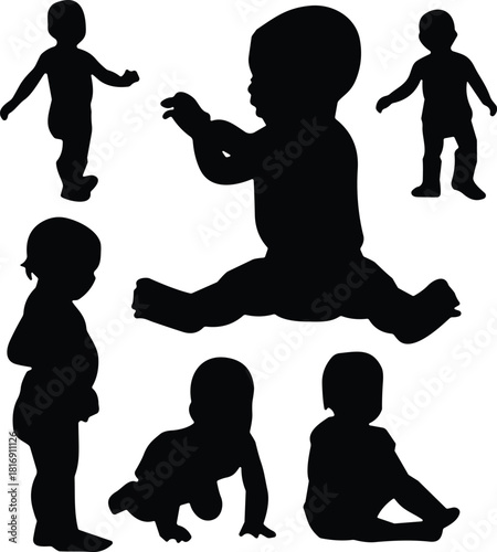 Collection of black baby and toddler silhouettes in various poses like sitting and crawling, cad drawing flat vector illustration, isolated on white.