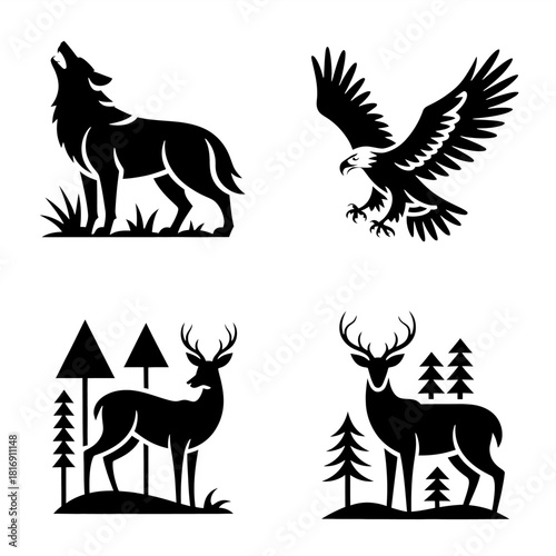 Majestic Forest Animals Silhouette Vector Icons Set. Howling Wolf, Flying Eagle, and Deer Stag Logo Graphics Design Elements.