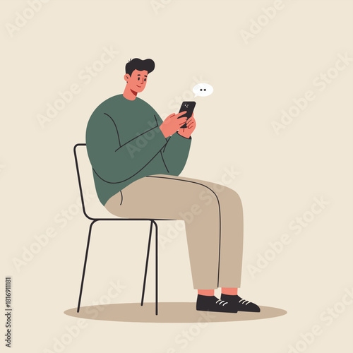 Casual young man sitting and using a mobile phone, texting or communicating online. Modern flat vector illustration concept of digital technology use and social media.