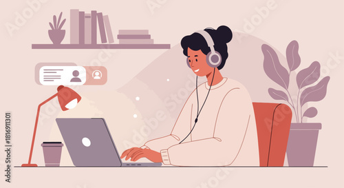 Happy young woman working from home using laptop and headphones. Vector illustration of a freelancer or student studying online at a modern desk, focusing on remote business and digital productivity.