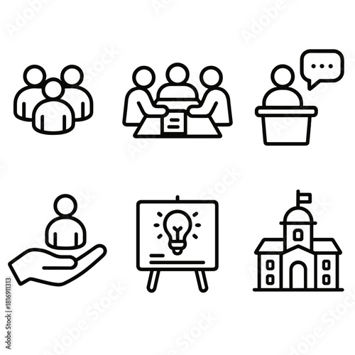 Community Engagement Icons. Community Participation Set linear icon set: group gathering, shared project, open forum icon, support hand, idea board, local landmark