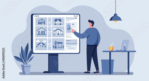 Real Estate Property Search Platform. Man choosing a new home from digital house listings displayed on a large interactive screen. Online home buying process vector illustration.