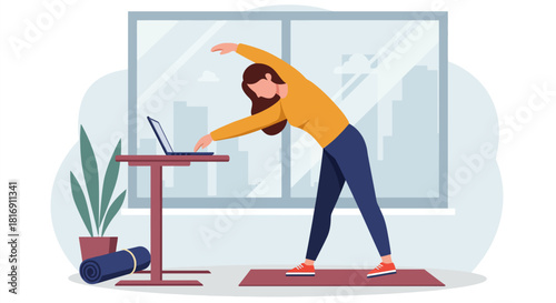 Woman stretching during work break at standing desk in home office. Home workout routine illustration for remote wellness, ergonomics, and desk exercise.