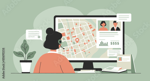 Geolocation Tracking and Dispatch Concept Illustration. Female Logistics Agent Monitoring GPS Map and Customer Data on Desktop Screen for Service Management.