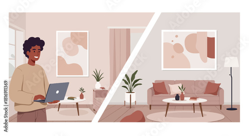 Happy African American man working remotely on a laptop in a cozy, stylish home office living room. Modern millennial interior design vector illustration.