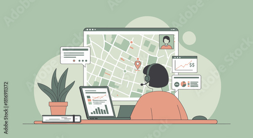 Delivery Logistics Dispatch and Fleet Management System. Operator Tracking Location on GPS Map with Data Analytics Dashboard Illustration.