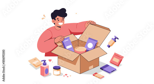 Smiling man unpacking a delivery box filled with consumer goods and care products. E-commerce subscription package unboxing, shipping logistics, flat vector illustration.