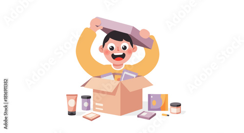 Happy Customer Unboxing Subscription Box Delivery. Excited young man opening a package with beauty cosmetic products. Flat vector E-commerce illustration.