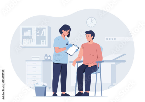Nurse giving a vaccine injection or shot to a male patient in a medical clinic for immunization and preventative healthcare. Flat vector illustration concept.