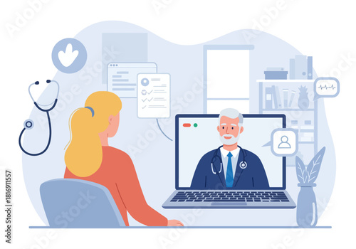 Telemedicine vector illustration: Senior doctor providing virtual online medical consultation to female patient via laptop video call. Remote healthcare and technology concept.