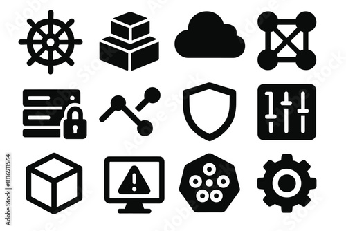 Kubernetes Icon Set. Kubernetes Orchestration silhouette icon set. helm wheel, container stack, cloud icon, network grid, secure server, data stream, shield badge, control panel