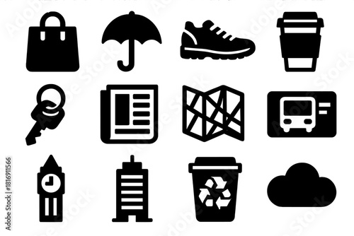 Urban Lifestyle Icons. Urban lifestyle symbols silhouette icon set: shopping bag, umbrella, walking shoes, coffee to go, keychain, newspaper, street map, public transport card