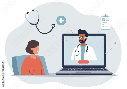 Telemedicine concept: Virtual doctor visit. Patient having an online consultation with a male physician via laptop screen. Telehealth and remote medical service illustration.