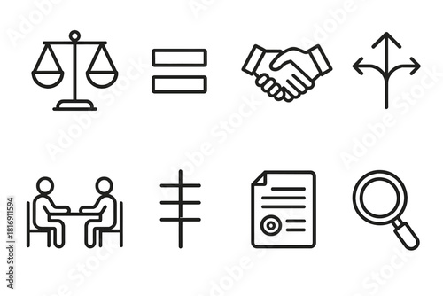 Outline Justice Icons. Justice Concepts linear icon set: fairness icon, equality symbol, handshake, decision arrow, dispute table, guideline lines, rights document, clarity lens