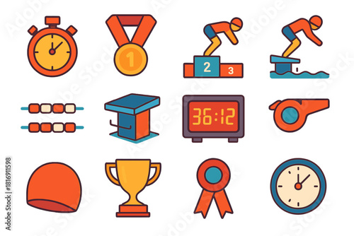 Swimming Icons Collection. Competitive swimming flat icon set: stopwatch, medal, podium, swimmer dive, lane lines, starting block, scoreboard, coach whistle, team cap, trophy