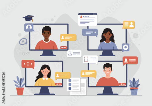 Diverse people attending an online course, webinar, or virtual meeting via video conference screens. E-learning, distance education, and remote teamwork flat vector illustration.