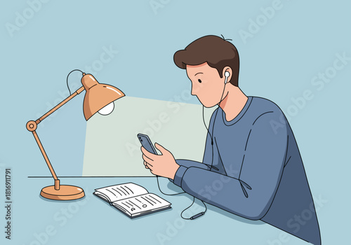 Vector illustration of a distracted male student using a smartphone and listening with earbuds instead of reading a book while sitting at a desk with a lamp, highlighting technology distraction in mod
