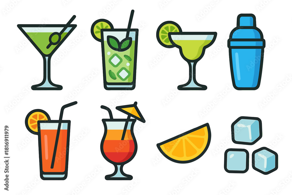 Fototapeta premium Vibrant Cocktail Icons. Cocktails Set set flat icon set: martini glass, mojito cup, margarita glass, cocktail shaker, straw drink, tropical umbrella glass, fruit garnish, ice cubes