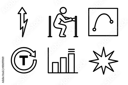 Fitness Icon Set. Strength Development Set linear icon set: force vector, resistance band pull, bar path line, torque symbol, rep–set chart, explosive power spark