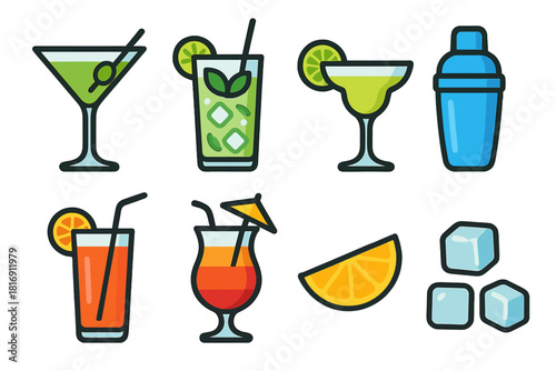 Vibrant Cocktail Icons. Cocktails Set set flat icon set: martini glass, mojito cup, margarita glass, cocktail shaker, straw drink, tropical umbrella glass, fruit garnish, ice cubes