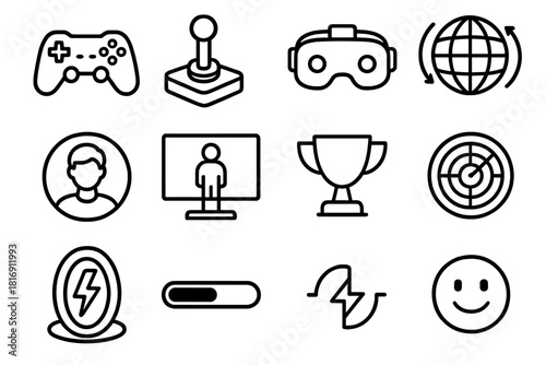 Gaming Icons Montage. Gaming 360 Experience linear icon set: game controller, joystick, VR headset, virtual world, character icon, screen frame, trophy, radar lines, energy bolt