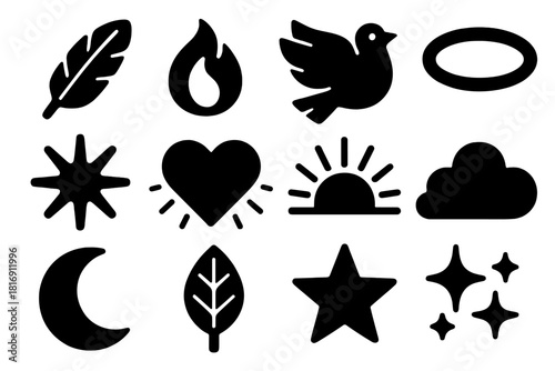 Celestial Iconography Set. Celestial Peace silhouette icon set : feather, candle flame, dove, halo ring, radiant orb, glowing heart, sunrise beam, soft cloud, moon, peace leaf