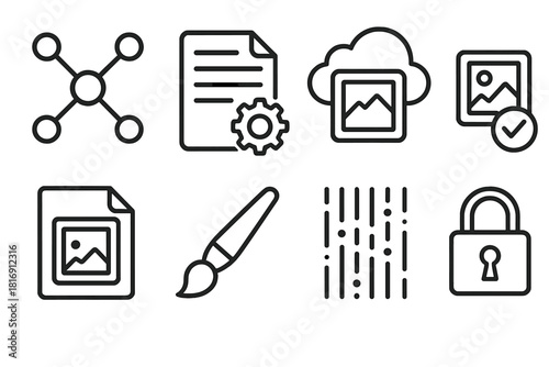 Digital Art Ecosystem. Decentralized Art Platforms linear icon set. connected nodes, smart contract, cloud gallery, verified badge, artwork file, digital brush, data stream
